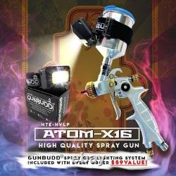 Gravity Feed HVLP Spray Gun ATOM X16 Car Paint Kit + Free GunBudd Light