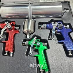 Mountain MTNRP8824. A NOS HVLP 3-Gun Paint Kit with Gravity Cups, Regulator & Case