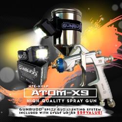Kit de Pistolet à Peinture Atom Mini X9 HVLP à Alimentation Par Gravité - Outil de Basecoat pour Peinture Automobile + GUNBUDD