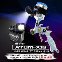 Pistolet à peinture Atom X16 HVLP avec alimentation par gravité pour voiture avec lumière GunBudd gratuite
