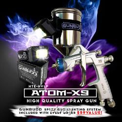Pistolet de peinture automatique HVLP Atom Mini X9 Solvant/Eau avec lumière LED GUNBUDD GRATUITE